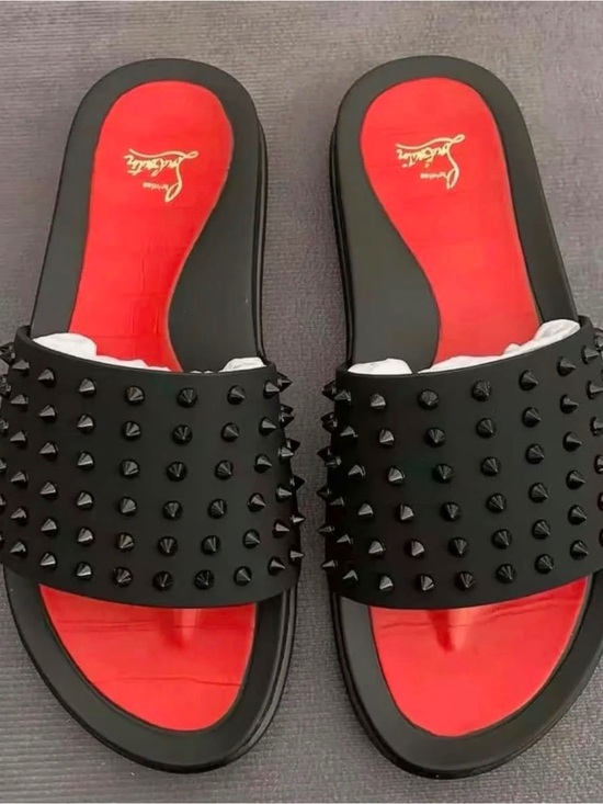 Christian Louboutin Shoes - Christian Louboutin Black Studded Slide Sandals with Red Insoles